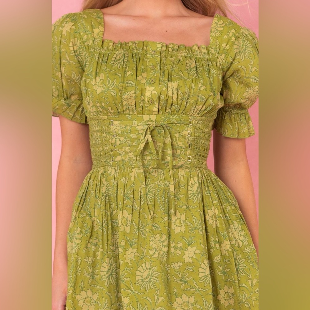 Ivy City Co Darcy Corset Green Floral Mini Ruffled Renaissance Dress